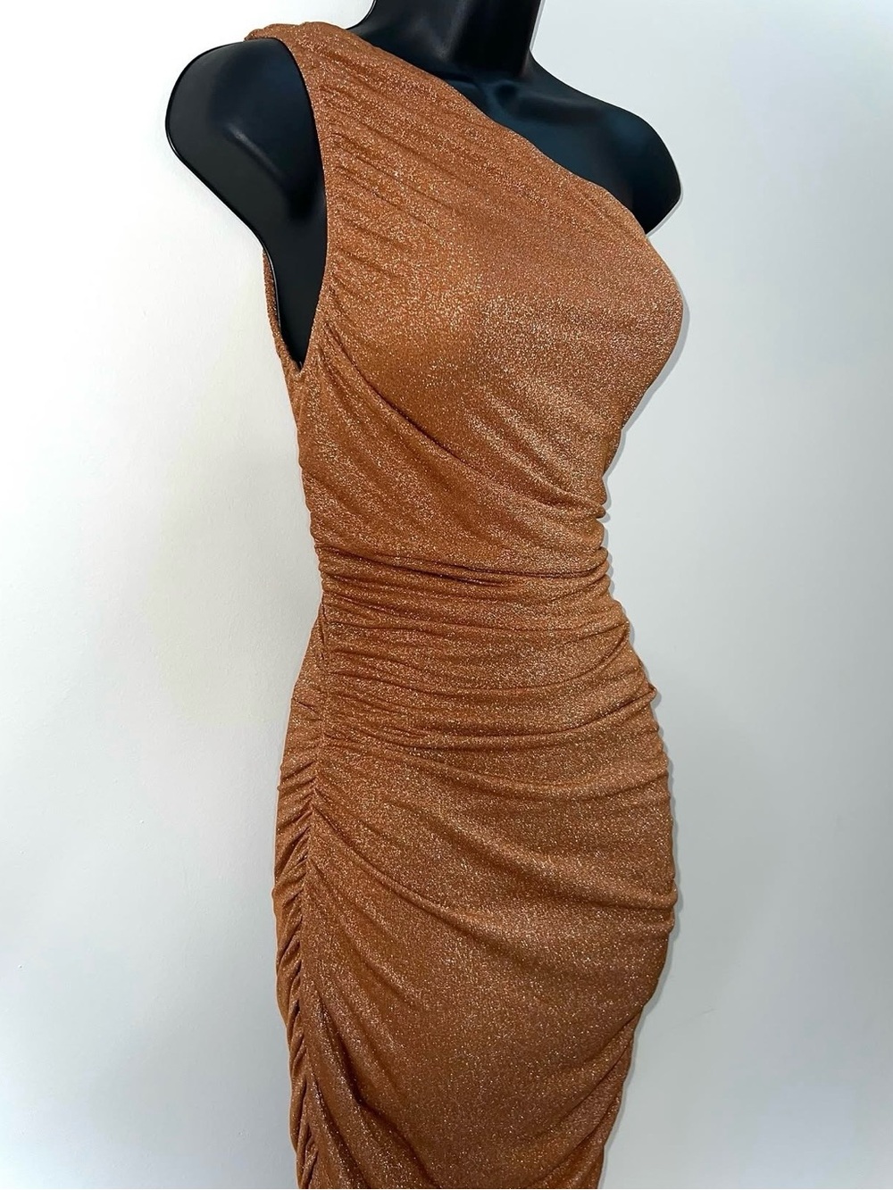 Gentle Warm - One-Shoulder Metallic Copper Ruched Bodycon Midi Dress